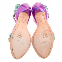 Sophia Webster Metallic Iridescent Pink Leather Maya Crystal Embellished Bow Ankle Strap Sandals Size 39.5
