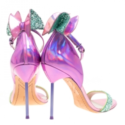 Sophia Webster Metallic Iridescent Pink Leather Maya Crystal Embellished Bow Ankle Strap Sandals Size 39.5