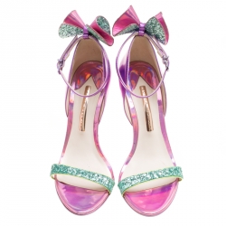 Sophia Webster Metallic Iridescent Pink Leather Maya Crystal Embellished Bow Ankle Strap Sandals Size 39.5