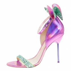 Sophia Webster Metallic Iridescent Pink Leather Maya Crystal Embellished Bow Ankle Strap Sandals Size 39.5