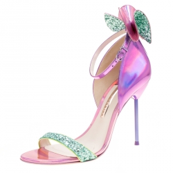 Sophia Webster Metallic Iridescent Pink Leather Maya Crystal Embellished Bow Ankle Strap Sandals Size 39.5