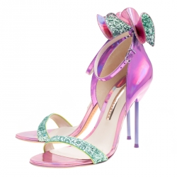 Sophia Webster Metallic Iridescent Pink Leather Maya Crystal Embellished Bow Ankle Strap Sandals Size 39.5