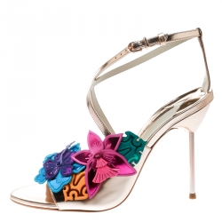 Pre Owned Sophia Webster Rose Gold Leather Hula Floral Embellished Crisscross Sandals Size 40.5