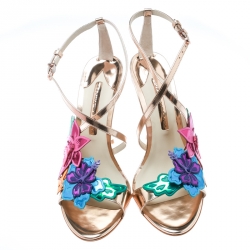 Pre Owned Sophia Webster Rose Gold Leather Hula Floral Embellished Crisscross Sandals Size 40.5