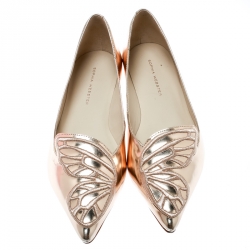 Pre Owned Sophia Webster Metallic Rose Gold Leather Bibi Butterfly Pointed Toe Ballet Flats Size 40.5