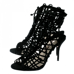 Sophia Webster Black Suede Delphine Peep Toe Cage Sandals Size 39