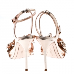 Pre Owned Sophia Webster Metallic Rose Gold Leather Lilico Floral Embellished Ankle Wrap Sandals Size 38.5
