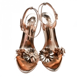 Pre Owned Sophia Webster Metallic Rose Gold Leather Lilico Floral Embellished Ankle Wrap Sandals Size 38.5