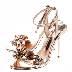 Pre Owned Sophia Webster Metallic Rose Gold Leather Lilico Floral Embellished Ankle Wrap Sandals Size 38.5
