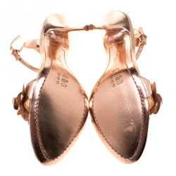 Pre Owned Sophia Webster Metallic Rose Gold Leather Lilico Floral Embellished Ankle Wrap Sandals Size 38.5