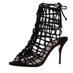 Sophia Webster Black Suede Delphine Peep Toe Cage Sandals Size 39.5