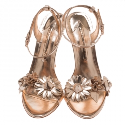 Pre Owned Sophia Webster Metallic Rose Gold Leather Lilico Floral Embellished Ankle Wrap Sandals Size 39