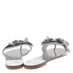 Pre Owned Sophia Webster Metallic Silver Leather Lilico Floral Embellished Flat Slides Size 36.5