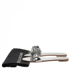 Pre Owned Sophia Webster Metallic Silver Leather Lilico Floral Embellished Flat Slides Size 36.5