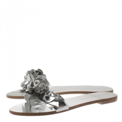 Pre Owned Sophia Webster Metallic Silver Leather Lilico Floral Embellished Flat Slides Size 36.5