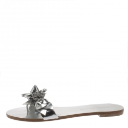 Pre Owned Sophia Webster Metallic Silver Leather Lilico Floral Embellished Flat Slides Size 36.5