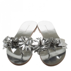 Pre Owned Sophia Webster Metallic Silver Leather Lilico Floral Embellished Flat Slides Size 36.5