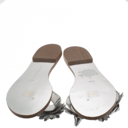 Pre Owned Sophia Webster Metallic Silver Leather Lilico Floral Embellished Flat Slides Size 36.5