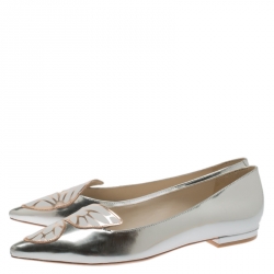 Sophia Webster Metallic Silver Leather Bibi Butterfly Pointed Toe Ballet Flats Size 38.5