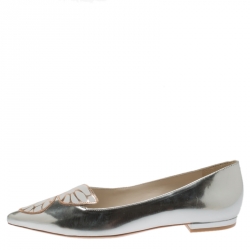 Sophia Webster Metallic Silver Leather Bibi Butterfly Pointed Toe Ballet Flats Size 38.5