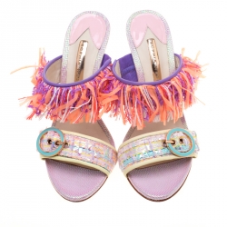 Sophia Webster Multicolor Leather And Tweed Fabric Darla Fringe Buckle Slides Size 36