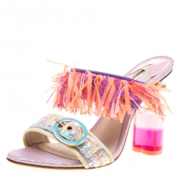 Sophia Webster Multicolor Leather And Tweed Fabric Darla Fringe Buckle Slides Size 36