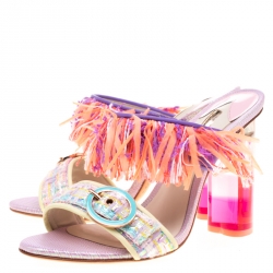 Sophia Webster Multicolor Leather And Tweed Fabric Darla Fringe Buckle Slides Size 36