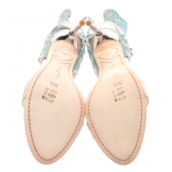 Pre Owned Sophia Webster Metallic Silver Leather Evangeline Glitter Wings Open Toe Sandals Size 39.5