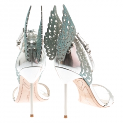 Pre Owned Sophia Webster Metallic Silver Leather Evangeline Glitter Wings Open Toe Sandals Size 39.5