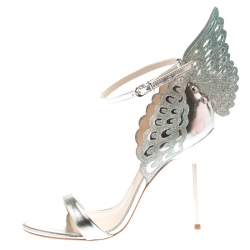 Pre Owned Sophia Webster Metallic Silver Leather Evangeline Glitter Wings Open Toe Sandals Size 39.5