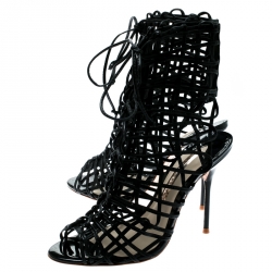 Pre Owned Sophia Webster Black Leather Delphine Peep Toe Cage Sandals Size 38.5