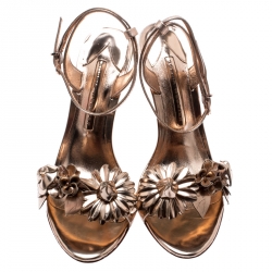 Pre Owned Sophia Webster Metallic Rose Gold Leather Lilico Floral Embellished Ankle Wrap Sandals Size 38