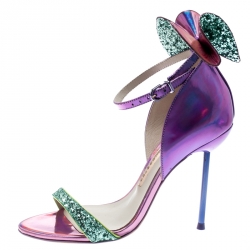Sophia Webster Metallic Iridescent Pink Leather Maya Crystal Embellished Bow Ankle Strap Sandals Size 35.5