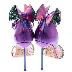 Sophia Webster Metallic Iridescent Pink Leather Maya Crystal Embellished Bow Ankle Strap Sandals Size 35.5