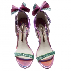 Sophia Webster Metallic Iridescent Pink Leather Maya Crystal Embellished Bow Ankle Strap Sandals Size 35.5