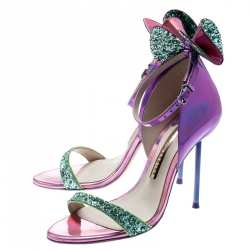 Sophia Webster Metallic Iridescent Pink Leather Maya Crystal Embellished Bow Ankle Strap Sandals Size 35.5