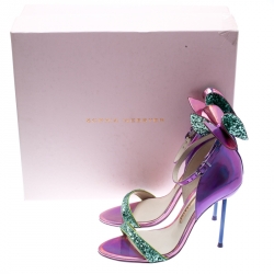 Sophia Webster Metallic Iridescent Pink Leather Maya Crystal Embellished Bow Ankle Strap Sandals Size 35.5