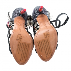 Pre Owned Sophia Webster Black Suede And Pheasant Feather Trim Alessandra Ankle Wrap Strappy Sandals Size 39.5