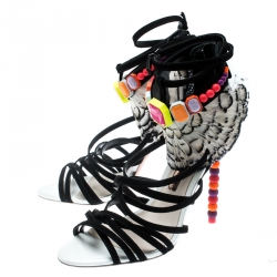 Pre Owned Sophia Webster Black Suede And Pheasant Feather Trim Alessandra Ankle Wrap Strappy Sandals Size 39.5