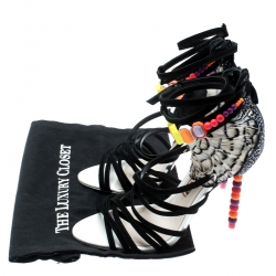 Pre Owned Sophia Webster Black Suede And Pheasant Feather Trim Alessandra Ankle Wrap Strappy Sandals Size 39.5