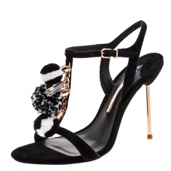 Sophia Webster Black Suede Layla Pom Pom Embellished T-Strap Sandals Size 38.5
