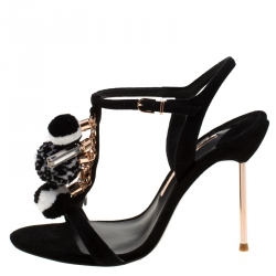 Sophia Webster Black Suede Layla Pom Pom Embellished T-Strap Sandals Size 38.5