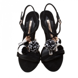 Sophia Webster Black Suede Layla Pom Pom Embellished T-Strap Sandals Size 38.5