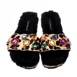  Sophia Webster Beige Leopard Print Calf Hair Crystal Embellished Slides Size 40.5