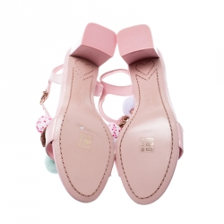 Sophia Webster Pale Pink Patent Leather Jada T Strap Pom Pom Sandals Size 38