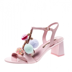 Sophia Webster Pale Pink Patent Leather Jada T Strap Pom Pom Sandals Size 38