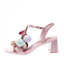 Sophia Webster Pale Pink Patent Leather Jada T Strap Pom Pom Sandals Size 38