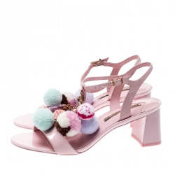 Sophia Webster Pale Pink Patent Leather Jada T Strap Pom Pom Sandals Size 38