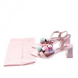 Sophia Webster Pale Pink Patent Leather Jada T Strap Pom Pom Sandals Size 38