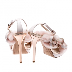  Sophia Webster Pink Faux Fur And Leather Bella Bow Embellished Ankle Strap Sandals Size 38.5